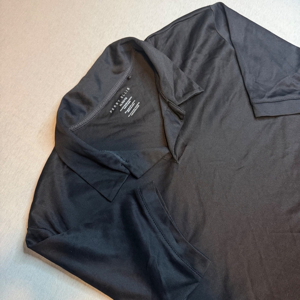 Perry Ellis‎ Mens Polo Shirt XL Short Sleeve Black Cotton Blend V-Neck Casual
